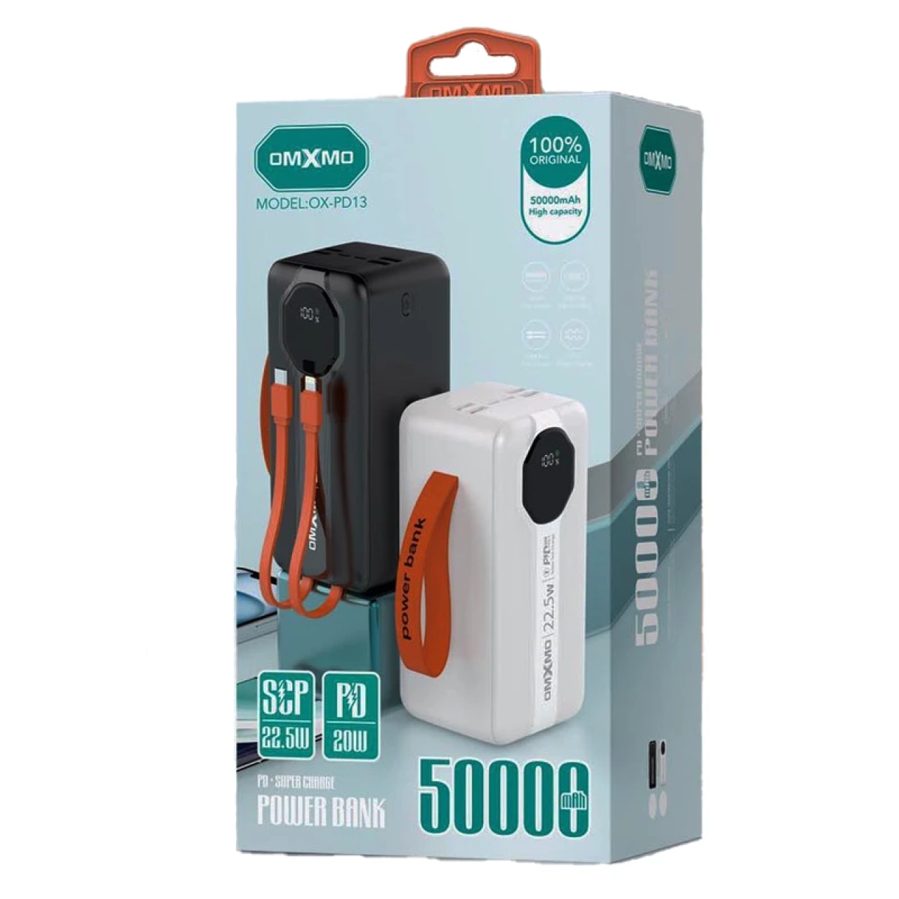 پاوربانک او ام ایکس ام او مدل OX-PD13 ظرفیت 50000 میلی‌آمپر ساعت برند OMXMO یکی از نام‌های معتبر در دنیای لوازم جانبی دیجیتال است که محصولاتش به دلیل کیفیت بالا و کارایی طولانی‌مدت، محبوبیت زیادی میان کاربران دارد. یکی از قدرتمندترین مدل‌های این برند، پاوربانک OX-PD13 است که با ظرفیت فوق‌العاده 50000 میلی‌آمپر ساعت، به‌عنوان یک منبع انرژی مطمئن برای استفاده روزمره، سفر و شرایط خاص شناخته می‌شود. این پاوربانک با بهره‌گیری از فناوری شارژ سریع Power Delivery (PD) با 20 وات خروجی و فناوری شارژ سریع سوپر شارژ هواوی SCP charge با توان خروجی 22.5 وات، امکان شارژ سریع گوشی‌های هوشمند، تبلت‌ها و گجت‌های مختلف را فراهم می‌کند. طراحی حرفه‌ای، وجود 6 درگاه خروجی و همچنین کابل‌های داخلی Type-C و Lightning باعث شده این محصول انتخابی ایده‌آل برای کاربرانی باشد که همواره نیاز به شارژ چند دستگاه به‌صورت همزمان دارند. مشخصات: برند: OMXMO مدل: OX-PD13 نوع باتری: لیتیوم پلیمری باکیفیت ظرفیت اسمی: 50000 میلی‌آمپر ساعت توان ورودی تایپ سی : 5V/4.5A 9V/2.5A 12V/1.85A توان خروجی: 5v/4.5A 9V/2.5A 12V/1.85A کابل سرخود تایپ سی : 9V/2.5A 12V/1.85A کابل لایتنینگ سرخود : 5V/2.4A